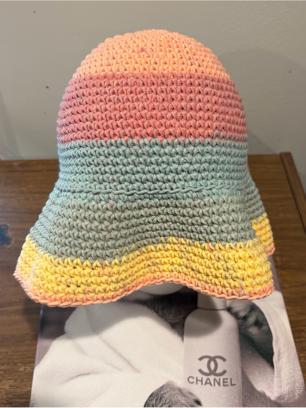 Hand-Crocheted Multicolor Bucket Hat - Pastel Pink, Mint & Yellow - Picture 2 of 4